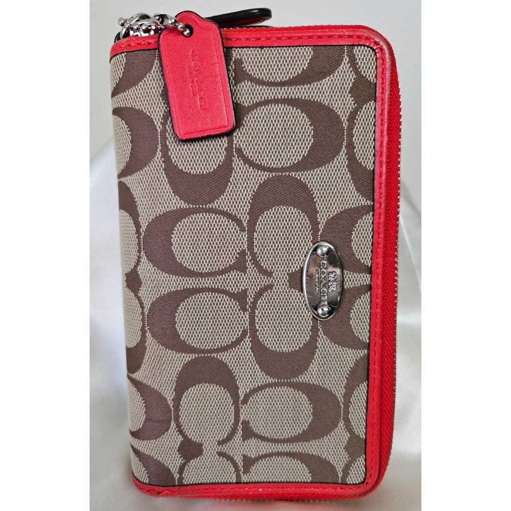 Coach DOUBLE Zip Medium Wallet Signature Canvas Brown with Red Leather Trim/Silv